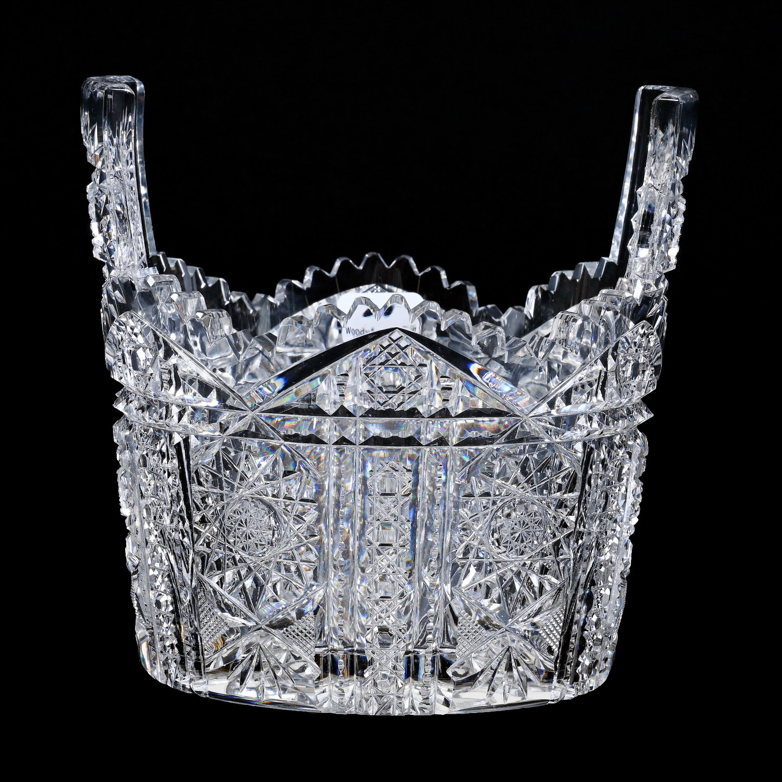 Ice Tub, Tab Handles, American Brilliant Cut Glass: Ice Tub, Tab Handles, American Brilliant Cut Glass, 5.5" x 5.75", Sharply Cut Hobstar, Strawberry Diamond, Cane, Prism And Fan Motif, Hobstar Base, Clear Blank, Dr. Dallas & The Late Evelyn Nelson, KS
