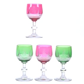 (4) Wine Stems, Brilliant Period Cut Glass, Color Cut To Clear