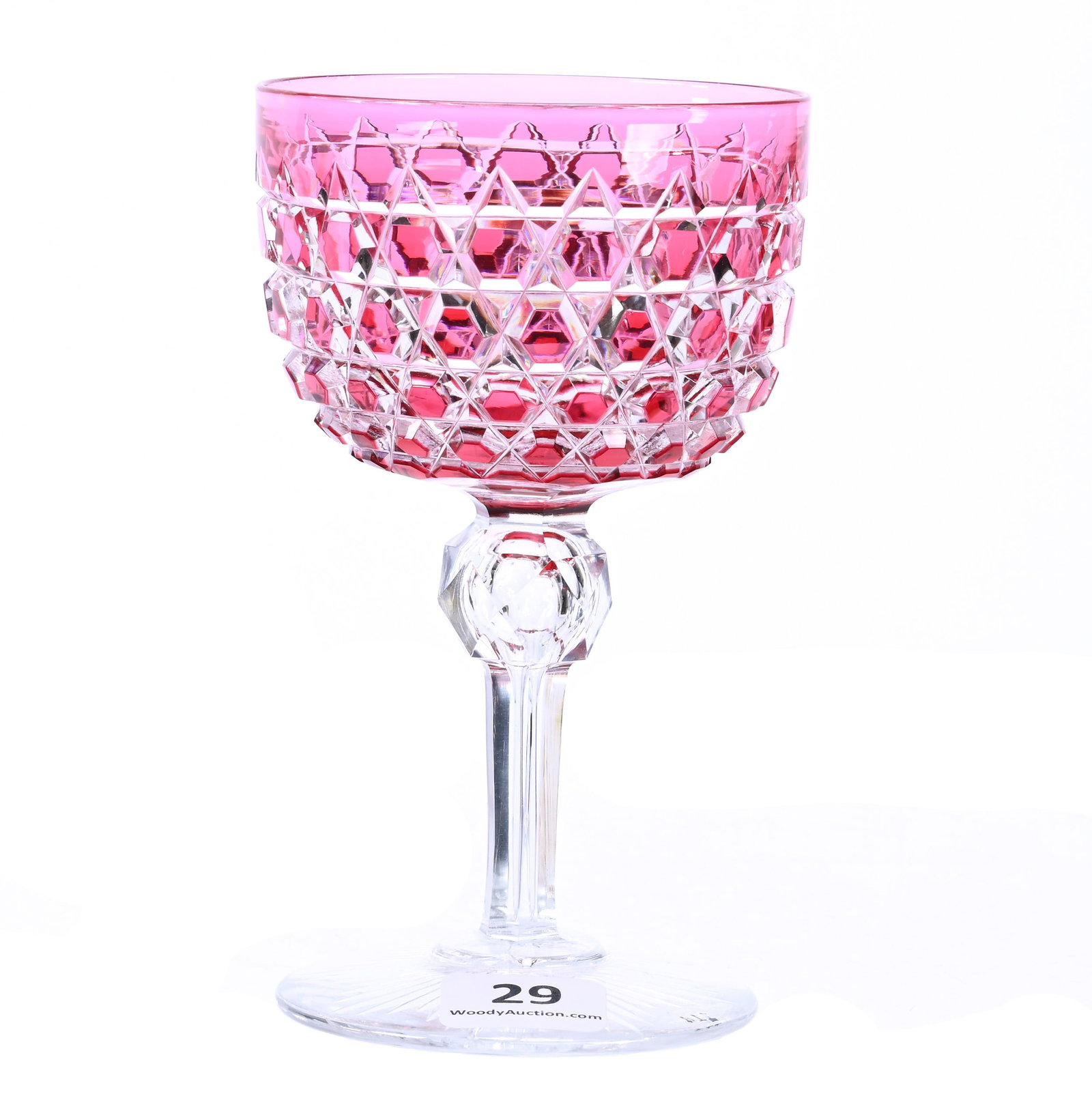 Wine Stem, American Brilliant Cut Glass, Cranberry Cut To Clear, Hob Diamond Pattern By Dorflinger: Wine Stem, American Brilliant Cut Glass, Cranberry Cut To Clear, Hob Diamond Pattern By Dorflinger, 5" x 3", Ray Cut Base, Dr. Dallas & The Late Evelyn Nelson, KS.