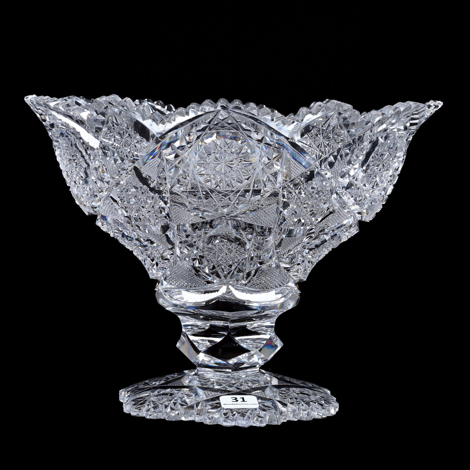 Egg Nog Bowl, American Brilliant Cut Glass: Egg Nog Bowl, American Brilliant Cut Glass, 7.5" x 10.25", Wonderfully Cut Hobstar, Cane And Strawberry Diamond Motif, Large Pattern Cut Foot, Total Weight Of Over Eight Pounds, American Cut Glass Ass
