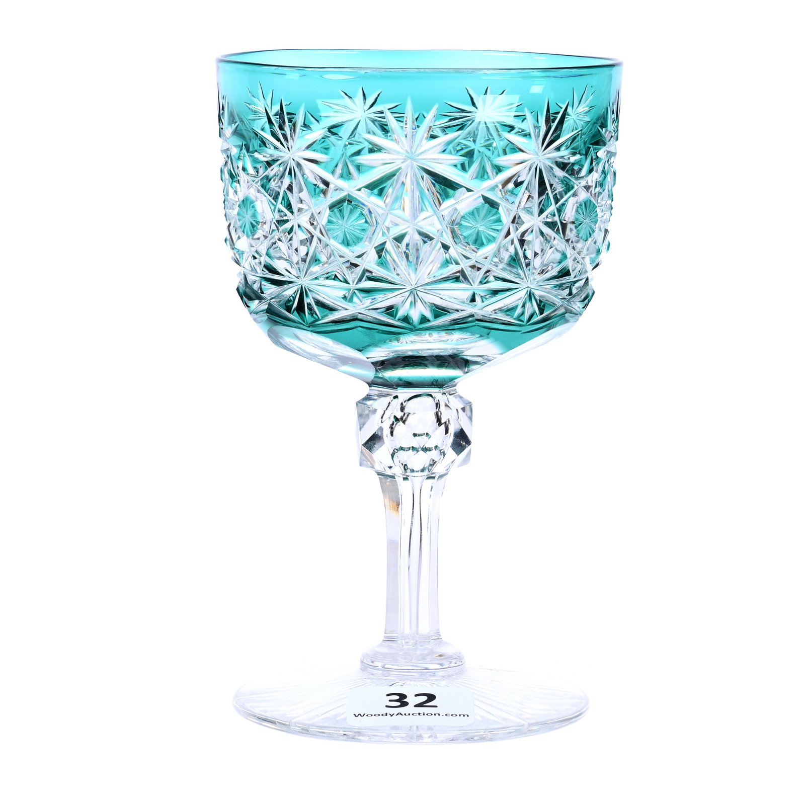 Wine Stem, ABCG, Turquoise Cut To Clear, Russian Pattern, Star Cut Buttons, Attributed To Hawkes: Wine Stem, American Brilliant Cut Glass, Turquoise Cut To Clear, Russian Pattern, Star Cut Buttons, Attributed To Hawkes, 4.625" x 2.75", Ray Cut Foot, Dr. Dallas & The Late Evelyn Nelson, KS.