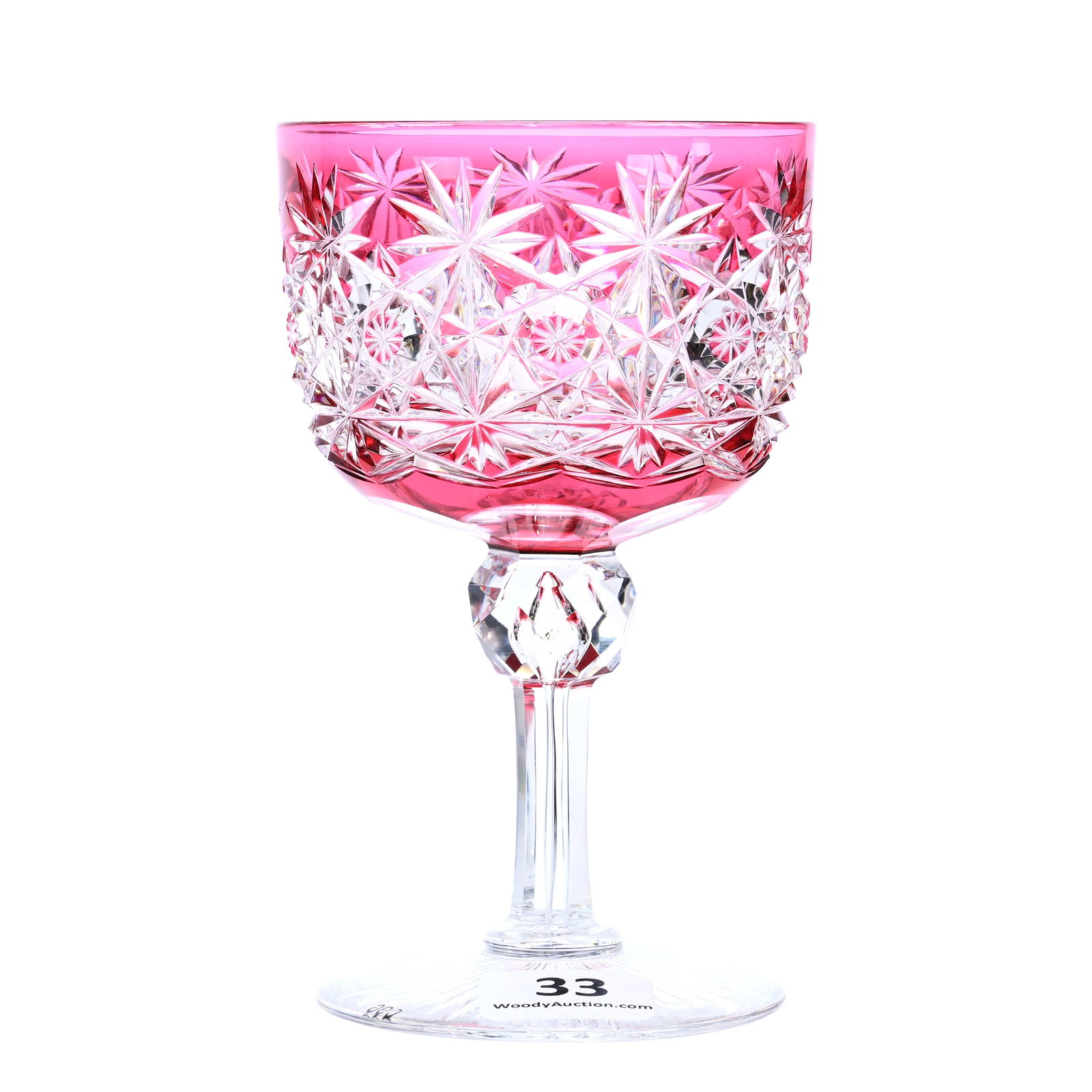Wine Stem, ABCG, Cranberry Cut To Clear, Russian Pattern, Star Cut Buttons, Attributed To Hawkes: Wine Stem, American Brilliant Cut Glass, Cranberry Cut To Clear, Russian Pattern, Star Cut Buttons, Attributed To Hawkes, 4.5" x 2.75", Ray Cut Foot, Dr. Dallas & The Late Evelyn Nelson, KS.
