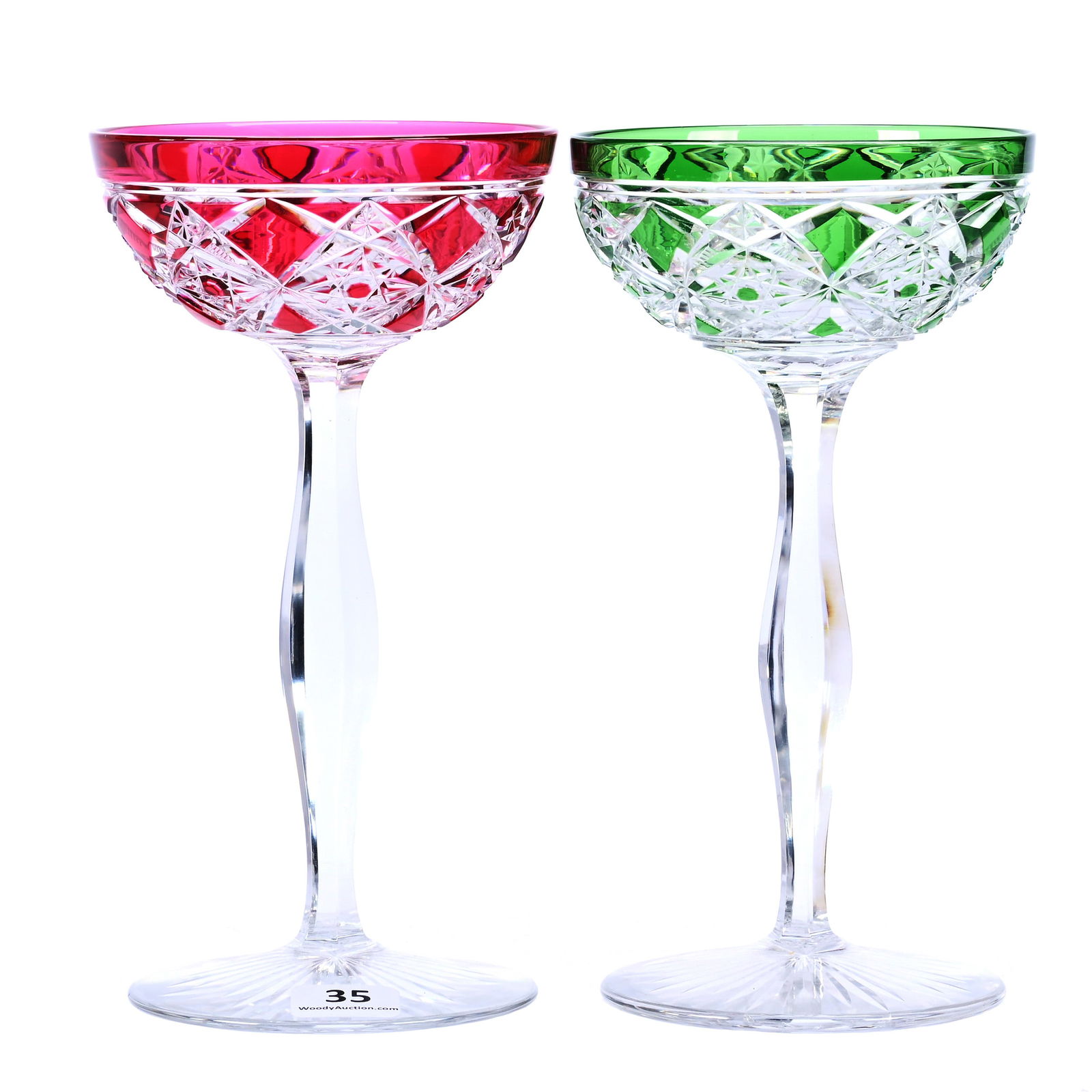 Pair Champagne Stems, BPCG, Color Cut To Clear, Pattern Attributed To Baccarat (1 of 3)