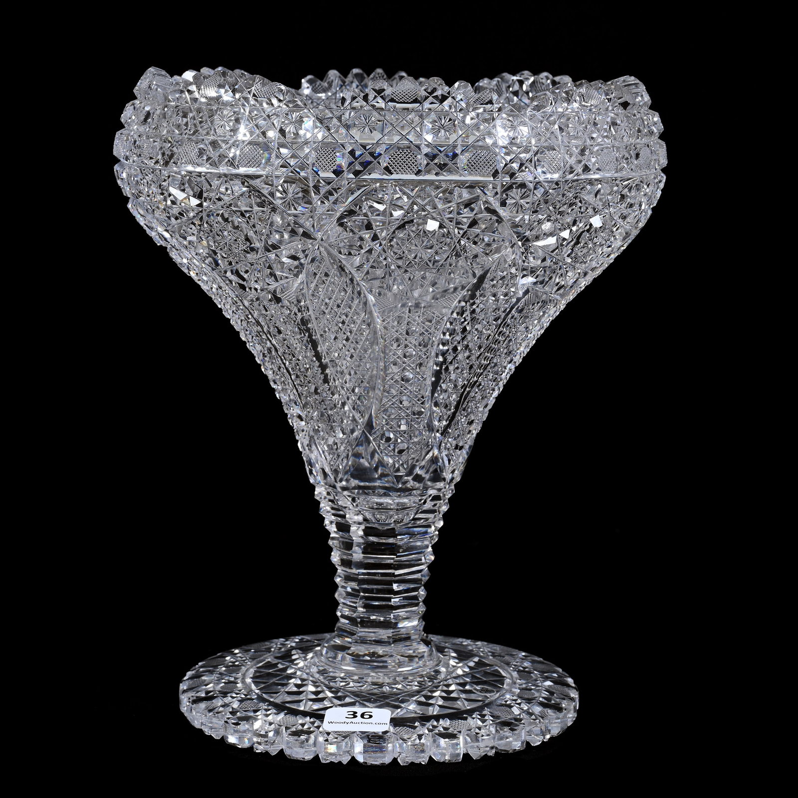 Tazza, American Brilliant Cut Glass: Tazza, American Brilliant Cut Glass, 9" x 7.5", Well Cut Hobstar, Vesica, Cane, Nailhead Diamond And Harvard Motif, Pattern Cut Scalloped Foot, Rim Chip, Dr. Dallas & The Late Evelyn Nelson, KS.