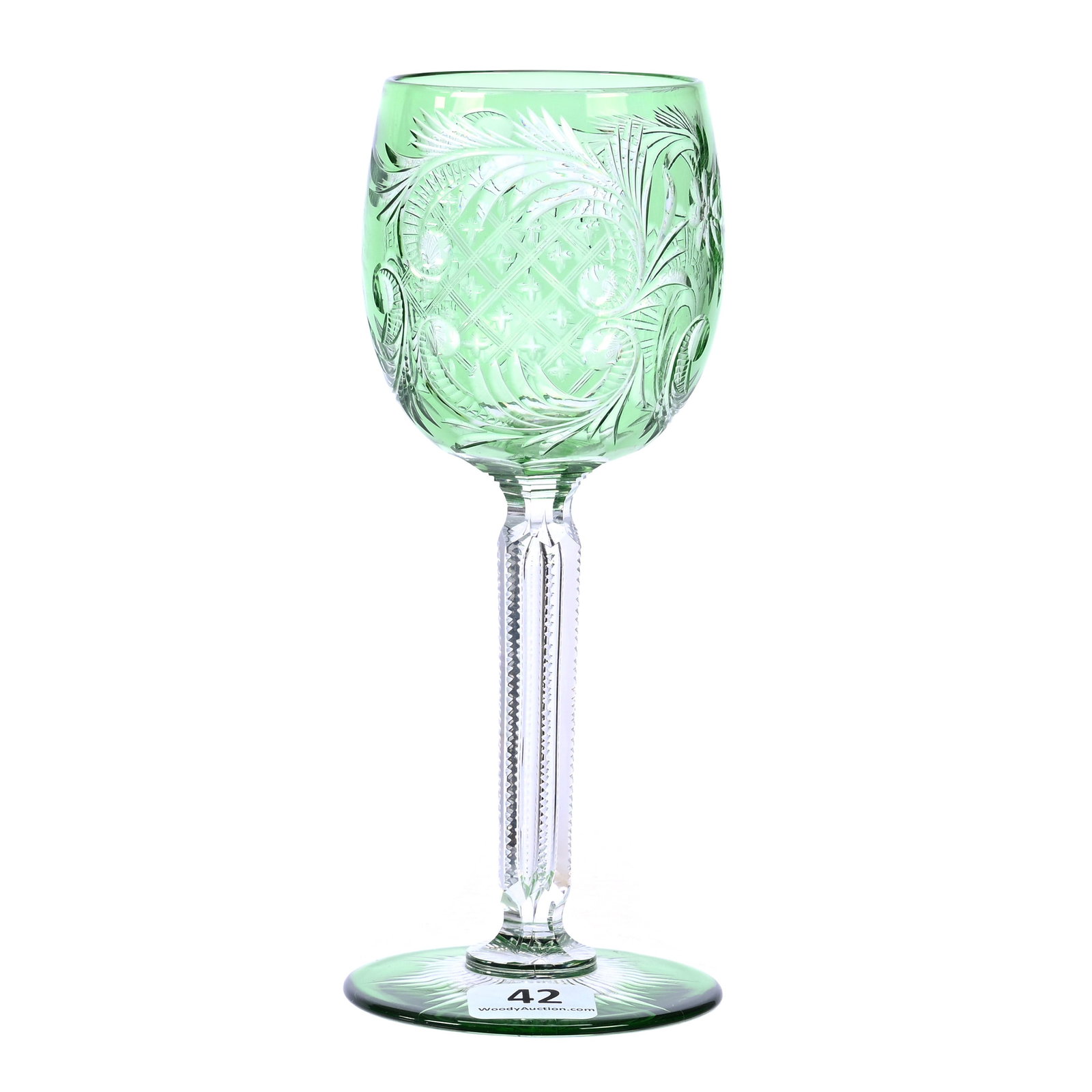 Wine Stem, American Brilliant Cut Glass, Green Cut To Clear: Wine Stem, American Brilliant Cut Glass, Green Cut To Clear, 6.5" x 2.5", Rococo And Scroll Design, Colored Ray Cut Foot, Dr. Dallas & The Late Evelyn Nelson, KS.