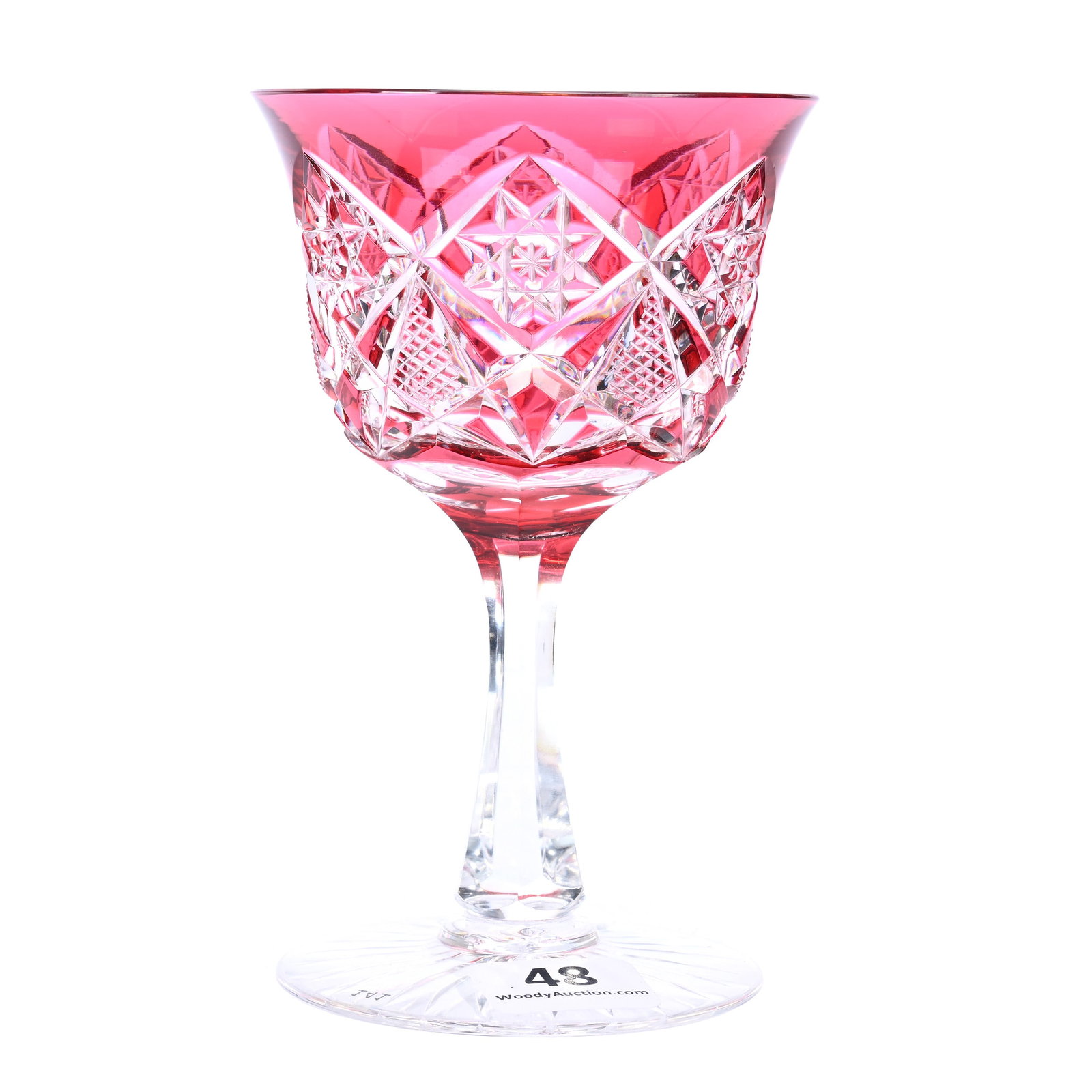 Wine Stem, American Brilliant Cut Glass, Cranberry Cut To Clear, Marlboro Pattern By Dorflinger: Wine Stem, American Brilliant Cut Glass, Cranberry Cut To Clear, Marlboro Pattern By Dorflinger, 4.625" x 3", Ray Cut Foot, Dr. Dallas & The Late Evelyn Nelson, KS.