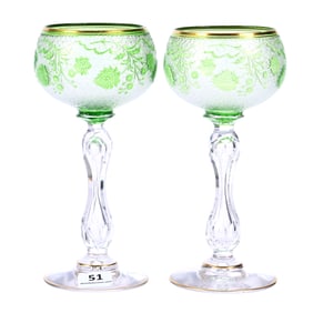 Pair Wine Stems, Brilliant Period Cut Glass, Green Cut To Clear