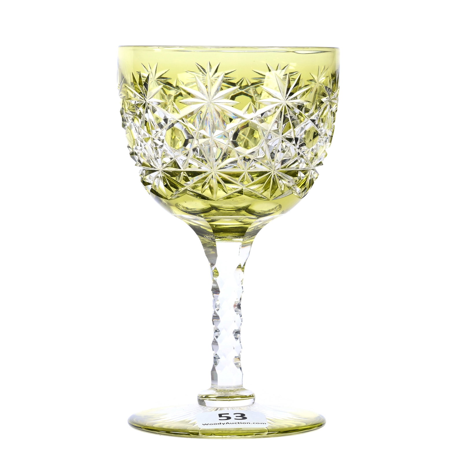 Wine Stem, American Brilliant Cut Glass, Chartreuse Cut To Clear, Russian Pattern, Clear Cut Buttons: Wine Stem, American Brilliant Cut Glass, Chartreuse Cut To Clear, Russian Pattern, Clear Cut Buttons, 4.75" x 2.75", Diamond Cut Stem, Colored Ray Cut Foot, Dr. Dallas & The Late Evelyn Nelson, KS.
