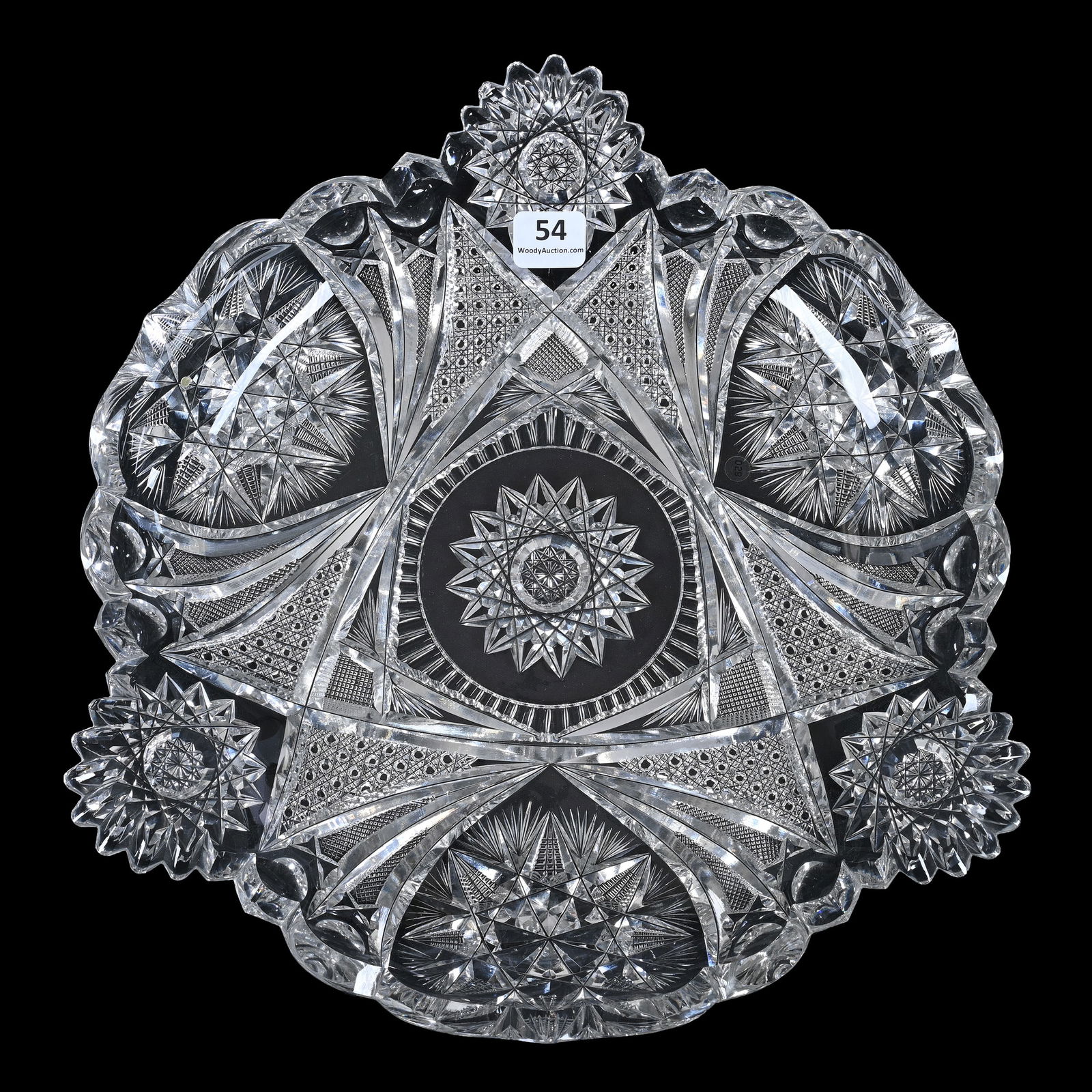 Round Tray, American Brilliant Cut Glass, Signed Fry: Round Tray, American Brilliant Cut Glass, Signed Fry, 11.25", Three Sections Of Hobstar, Snowflake, Cane, Strawberry Diamond And Fan Motif, Rim Nicks, Pullen Collection, Indiana.