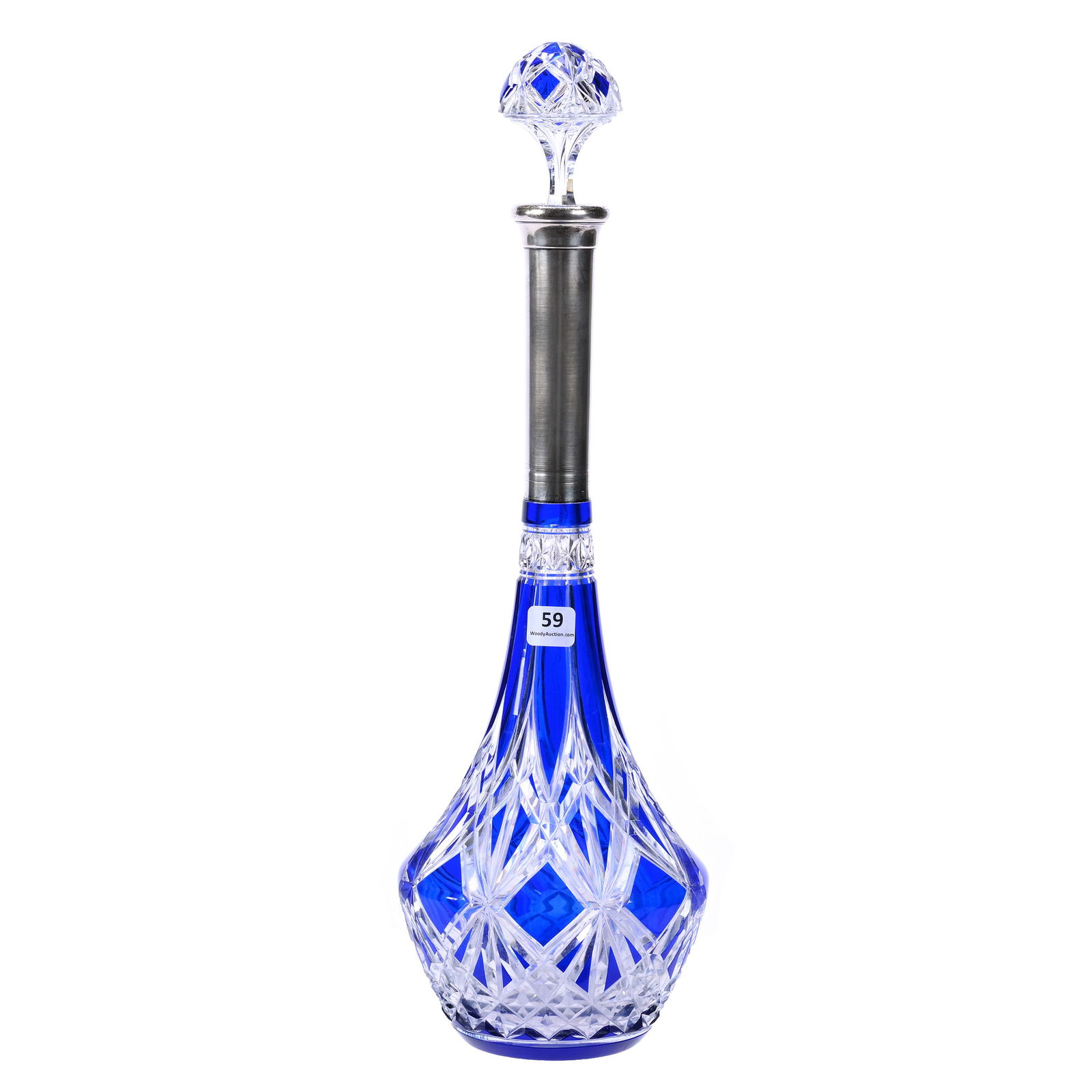 Decanter, BPCG, Blue Cut To Clear, Geometric Design Attributed To Val St. Lambert, Silver Neck (1 of 3)