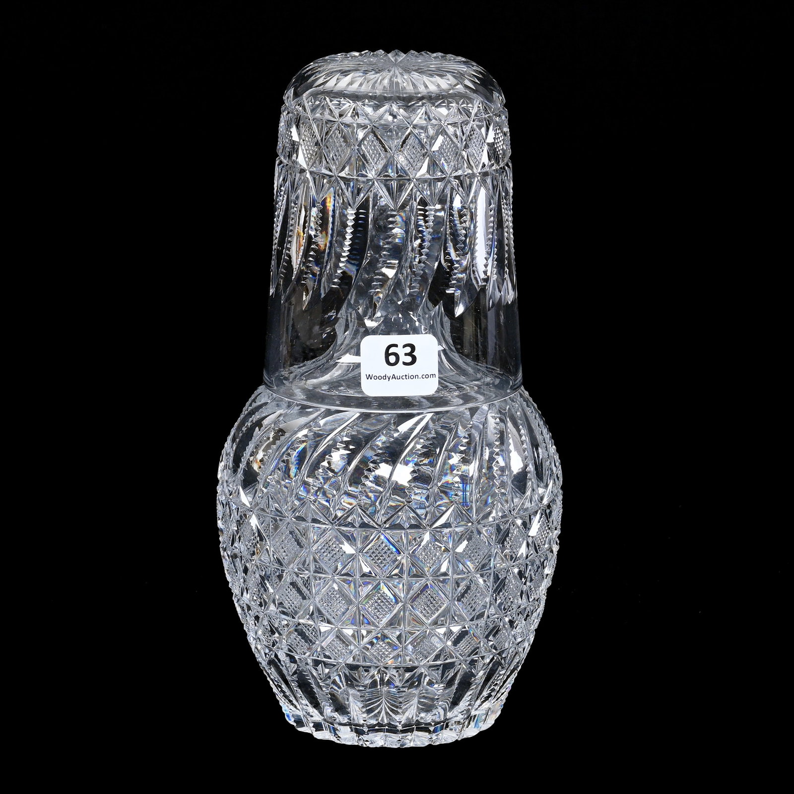 Tumble-Up, American Brilliant Cut Glass: Tumble-Up, American Brilliant Cut Glass, 8" x 4", Diamond, Strawberry Diamond And Swirled Prism Motif, Ray Cut Base, Nice Example, Dr. Dallas & The Late Evelyn Nelson, KS.