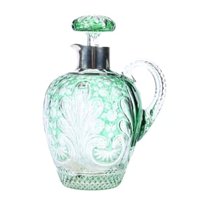 Whiskey Jug, BPCG, Green Cut To Clear, Sterling Silver Collar, Attributed To Stevens & Williams