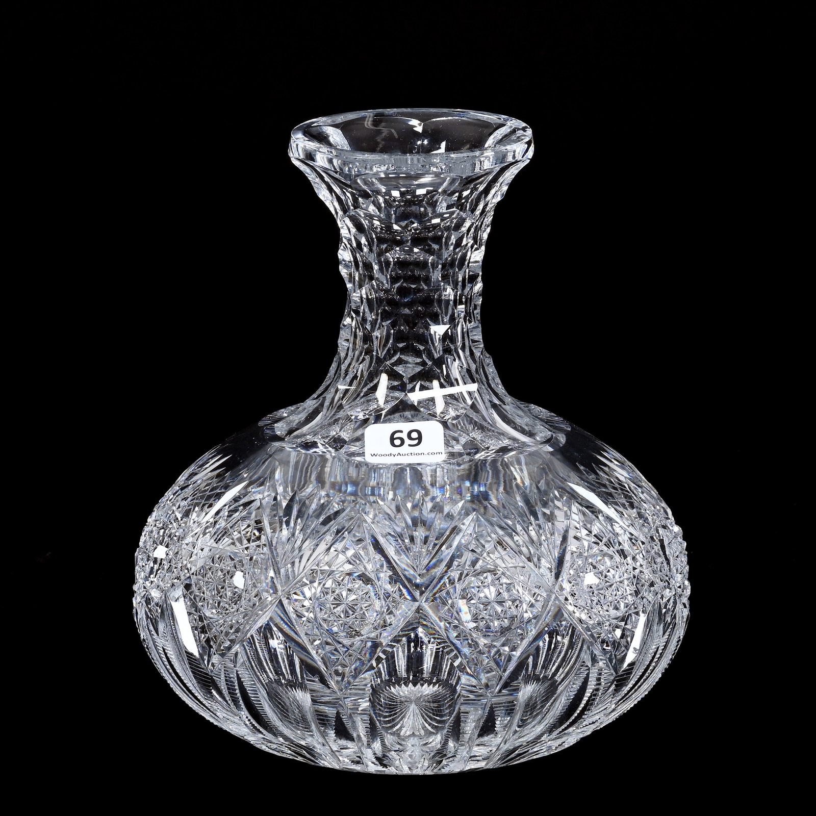 Water Carafe, American Brilliant Cut Glass, Signed Hawkes Brunswick Pattern: Water Carafe, American Brilliant Cut Glass, Signed Hawkes Brunswick Pattern, 7" x 6.5", Tiny Rim Nick, Dr. Dallas & The Late Evelyn Nelson, KS.