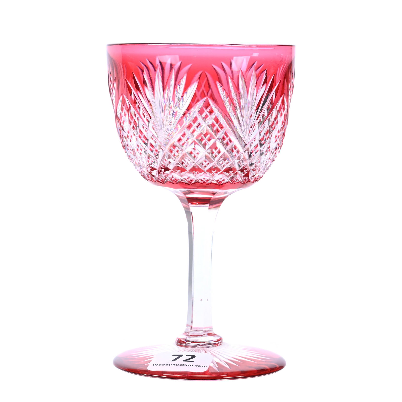 Wine Stem, American Brilliant Cut Glass, Cranberry Cut To Clear: Wine Stem, American Brilliant Cut Glass, Cranberry Cut To Clear, 4.75" x 2.75", Crosscut Diamond And Fan Motif, Colored Ray Cut Foot, The Late Linda Guyer Collection.