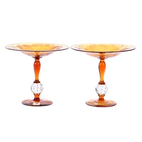 Pair Compotes, American Brilliant Cut Glass, Solid Amber, Engraved Blackberry Pattern By Pairpoint