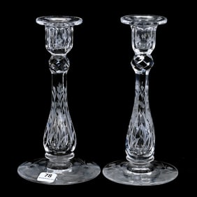 Pair Candlesticks, American Brilliant Cut Glass, Engraved Floral Pattern
