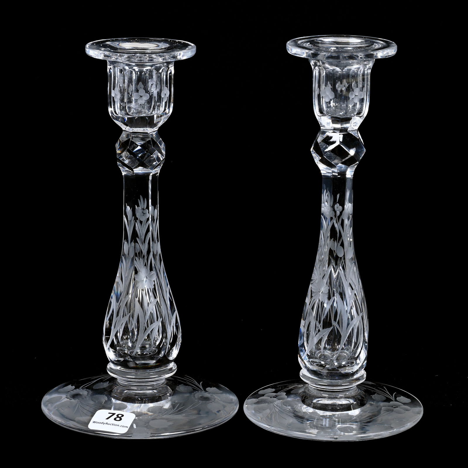 Pair Candlesticks, American Brilliant Cut Glass, Engraved Floral Pattern (1 of 3)