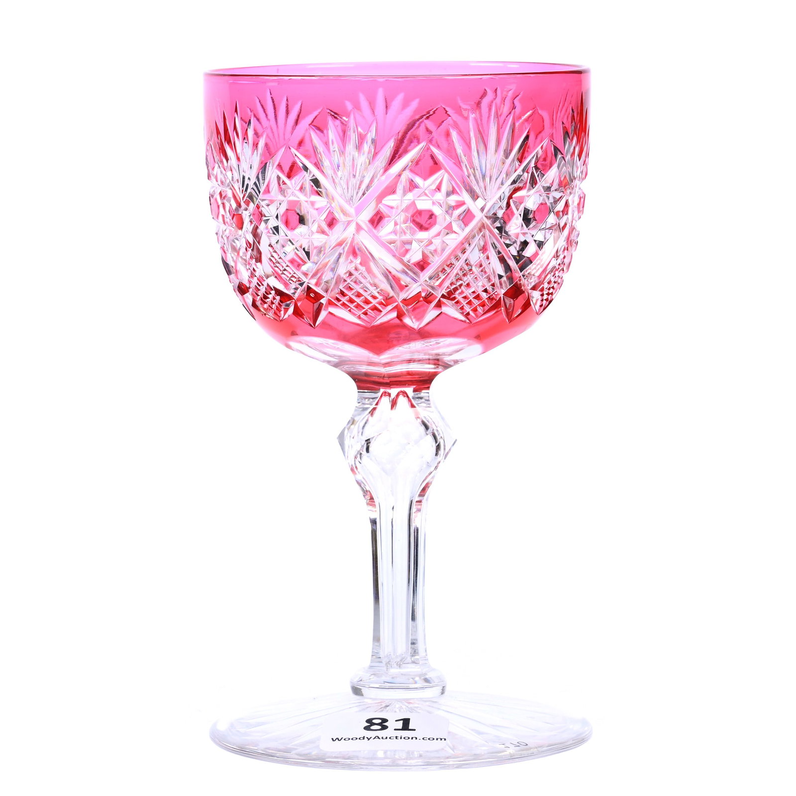 Wine Stem, American Brilliant Cut Glass, Cranberry Cut To Clear, Marlboro Pattern By Dorflinger: Wine Stem, American Brilliant Cut Glass, Cranberry Cut To Clear, Marlboro Pattern By Dorflinger, 4.75" x 2.75", Ray Cut Foot, Dr. Dallas & The Late Evelyn Nelson, KS.