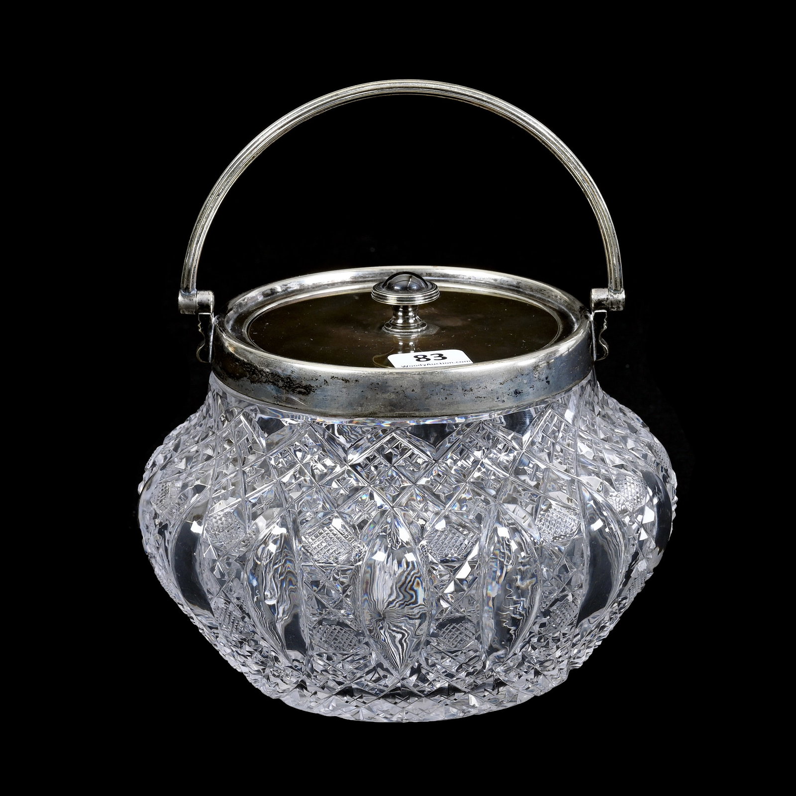 Biscuit Jar, Brilliant Period Cut Glass: Biscuit Jar, Brilliant Period Cut Glass, 4.75" x 6.25", Unique Clear Tusk With Crosscut Diamond And Button Motif, Ray Cut Base, Silverplate Lid And Bail, Missouri Private Collection.