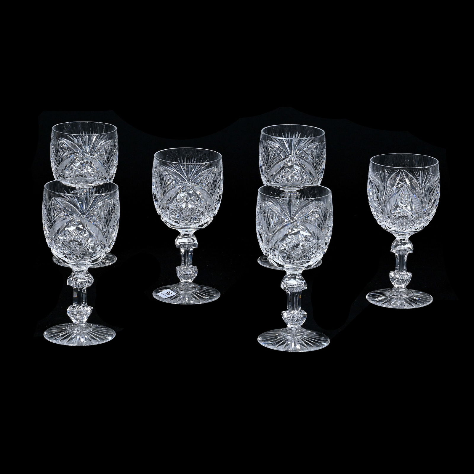(6) Goblets, American Brilliant Cut Glass: (6) Goblets, American Brilliant Cut Glass, 6.75" x 3.25", Hobstar, Vesica, Strawberry Diamond And Fan Motif, Ray Cut Foot, Apple Core Stems, Pattern Matches Goblets In Lot #89, Base Ground On One Gobl