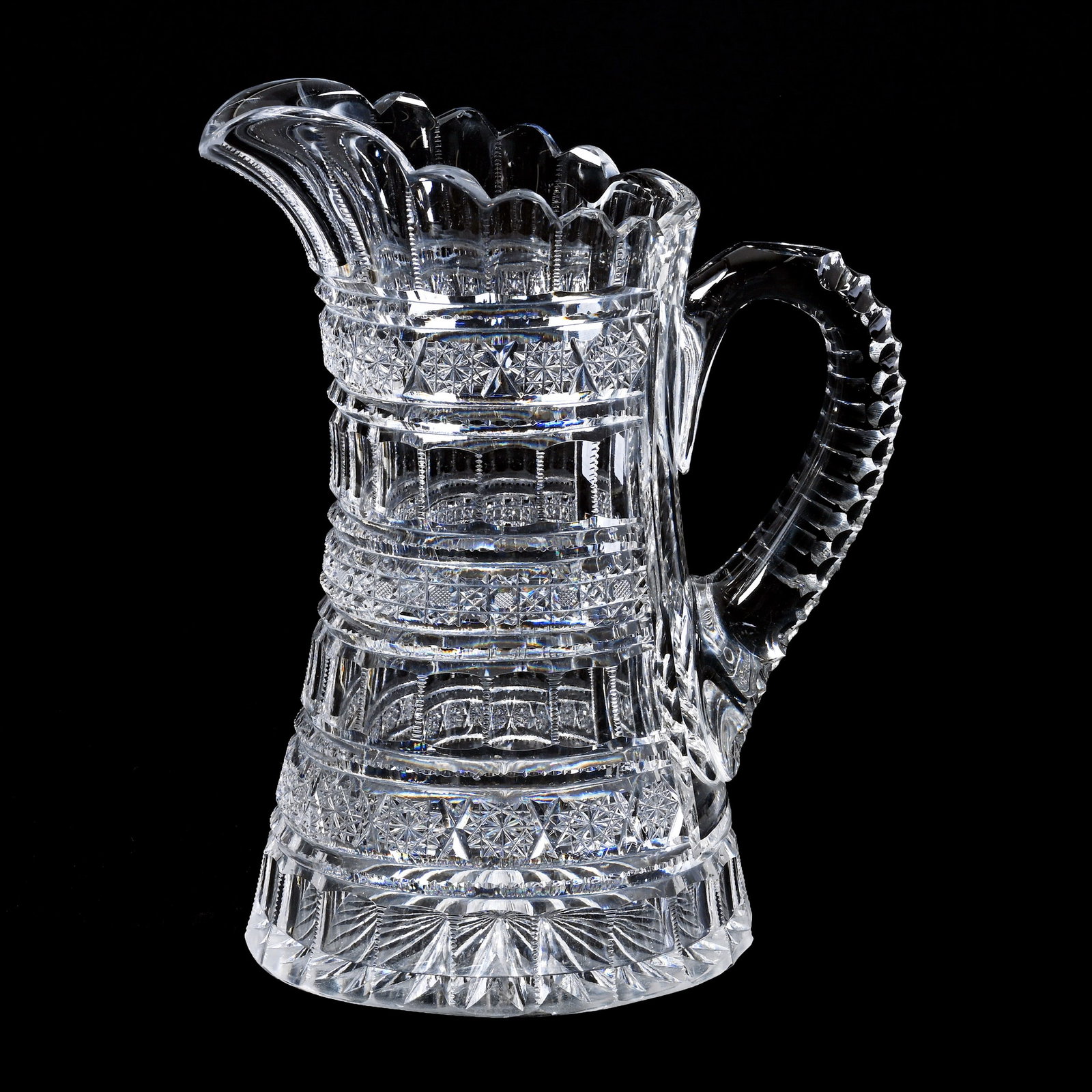 Pitcher, American Brilliant Cut Glass, Signed Unger Bros, Resembles Aberdeen Pattern: Pitcher, American Brilliant Cut Glass, Signed Unger Bros., Resembles Aberdeen Pattern, 9" x 7.25", Triple Notched Handle, Ray Cut Base, Base Chip, American Cut Glass Association Collection. UPDATED 11
