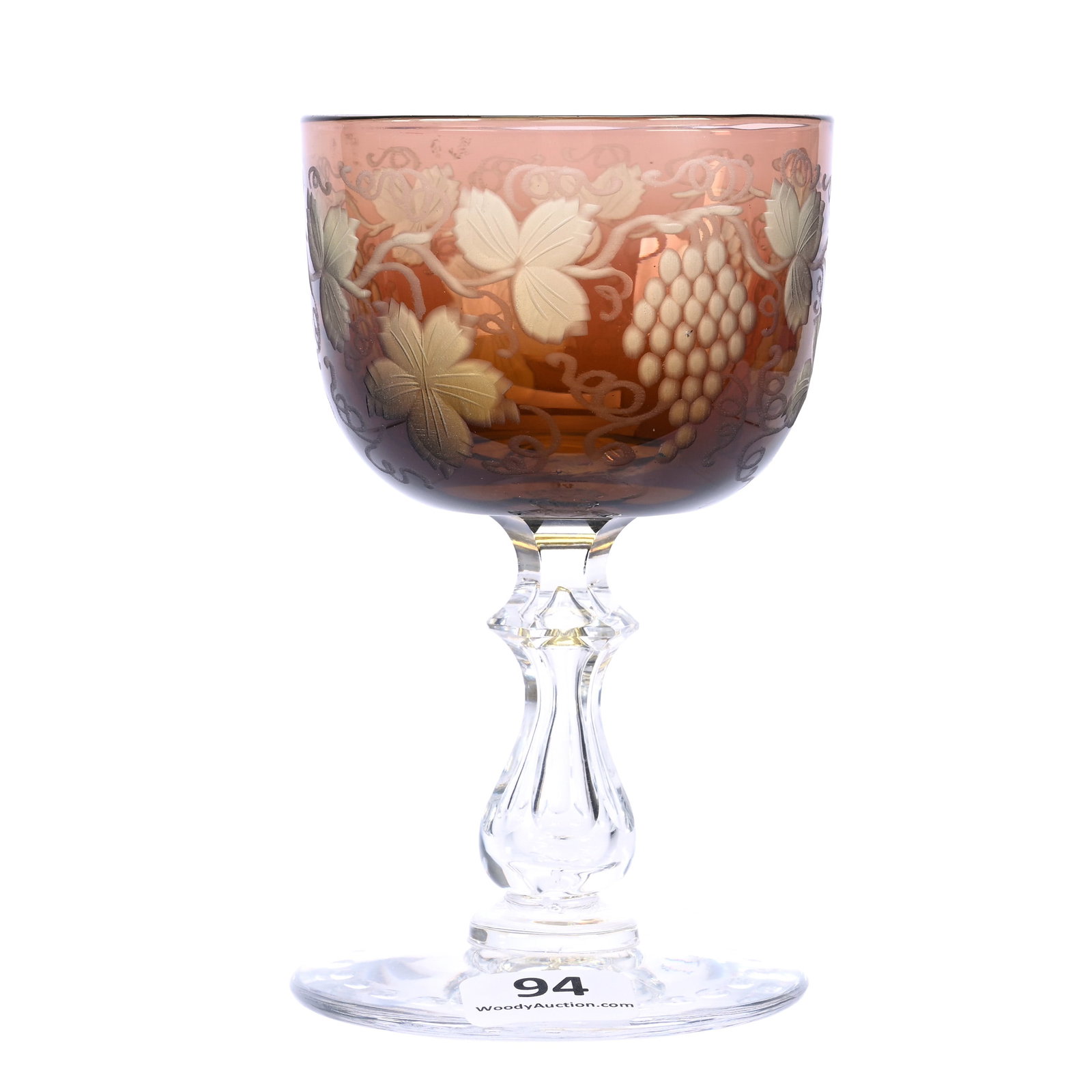 Wine Stem, American Brilliant Cut Glass, Amethyst Cut To Yellow, Attributed To Sinclaire: Wine Stem, American Brilliant Cut Glass, Amethyst Cut To Yellow, Attributed To Sinclaire, 4.5" x 2.75", Clear Stem And Foot, Engraved Vintage Decor, American Cut Glass Association Collection.
