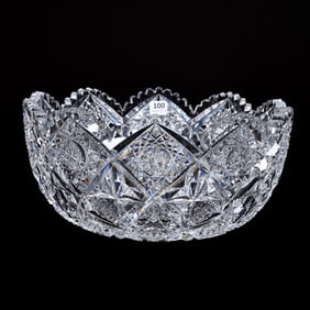 Punch Bowl, One Piece, American Brilliant Cut Glass, Signed Hawkes Alpine Pattern