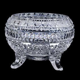 Rosebowl, Three Feet, American Brilliant Cut Glass, Signed Hawkes Constance Pattern