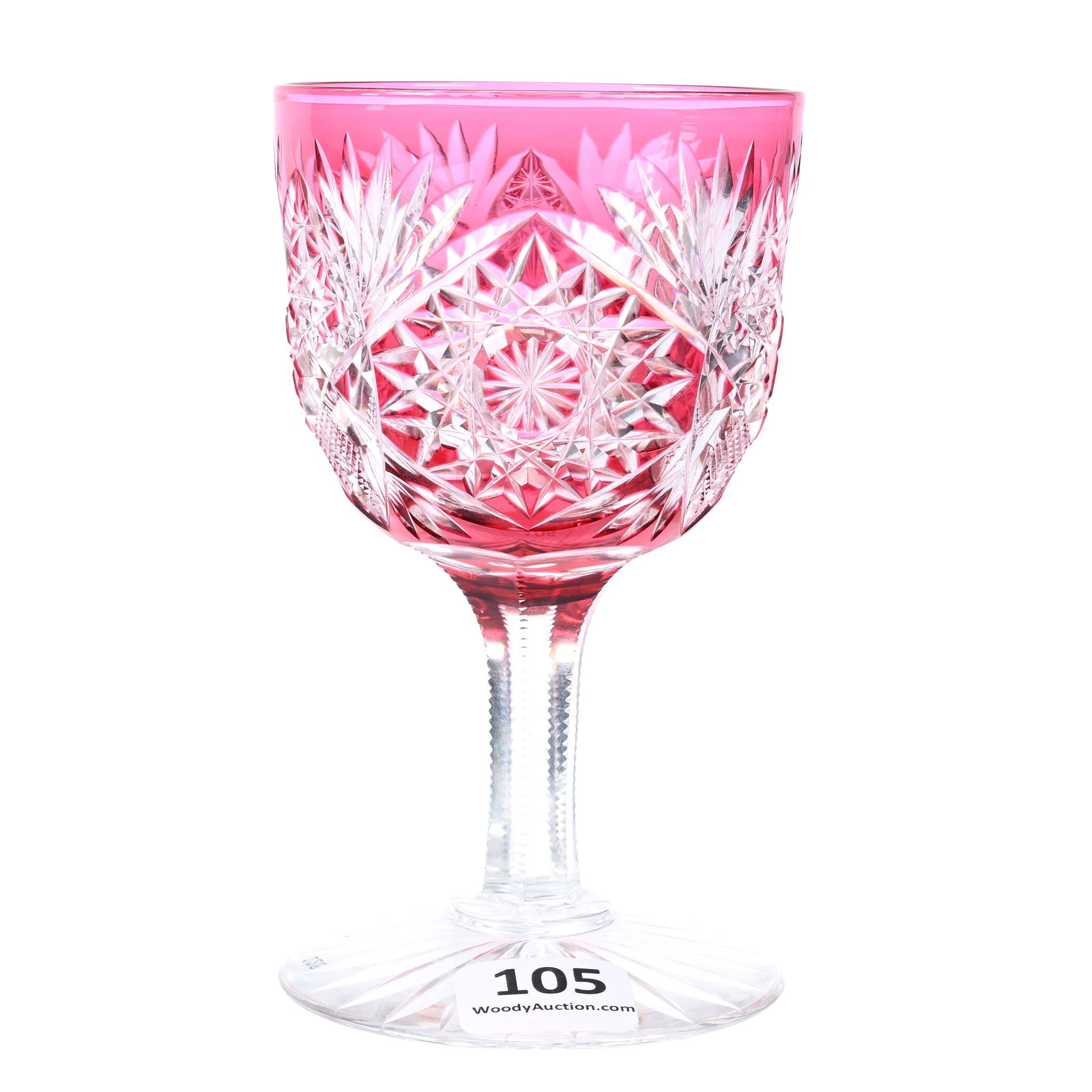 Wine Stem, American Brilliant Cut Glass, Cranberry Cut To Clear, Monarch Pattern By J. Hoare: Wine Stem, American Brilliant Cut Glass, Cranberry Cut To Clear, Monarch Pattern By J. Hoare, 4.625" x 2.75", Ray Cut Foot, Dr. Dallas & The Late Evelyn Nelson, KS.