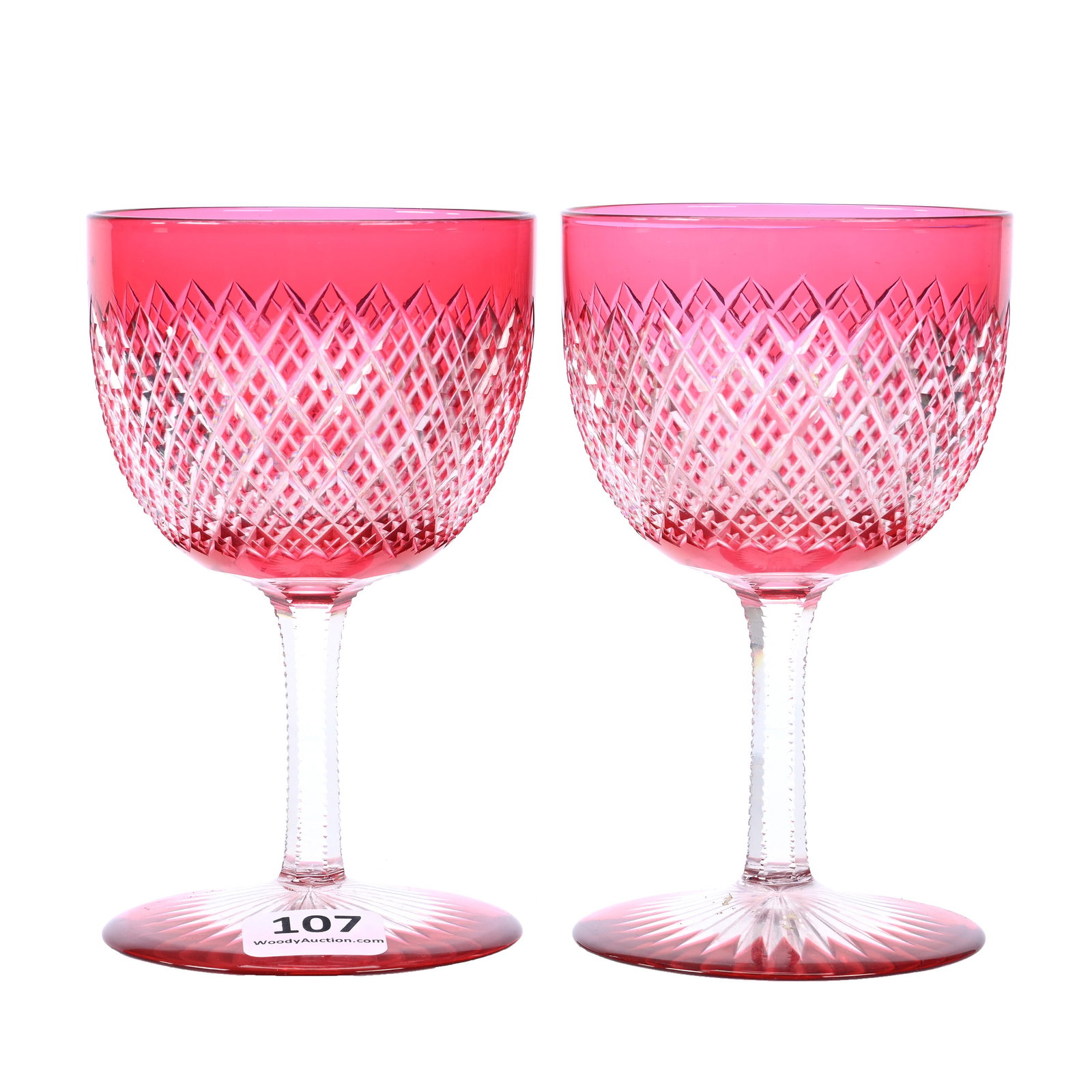 Pair Wine Stems, American Brilliant Cut Glass, Cranberry Cut To Clear: Pair Wine Stems, American Brilliant Cut Glass, Cranberry Cut To Clear, 4.5" x 2.75", Crosscut Diamond Motif, Solid Notched Stem, Colored Ray Cut Foot, Nice Pair, Missouri Private Collection.