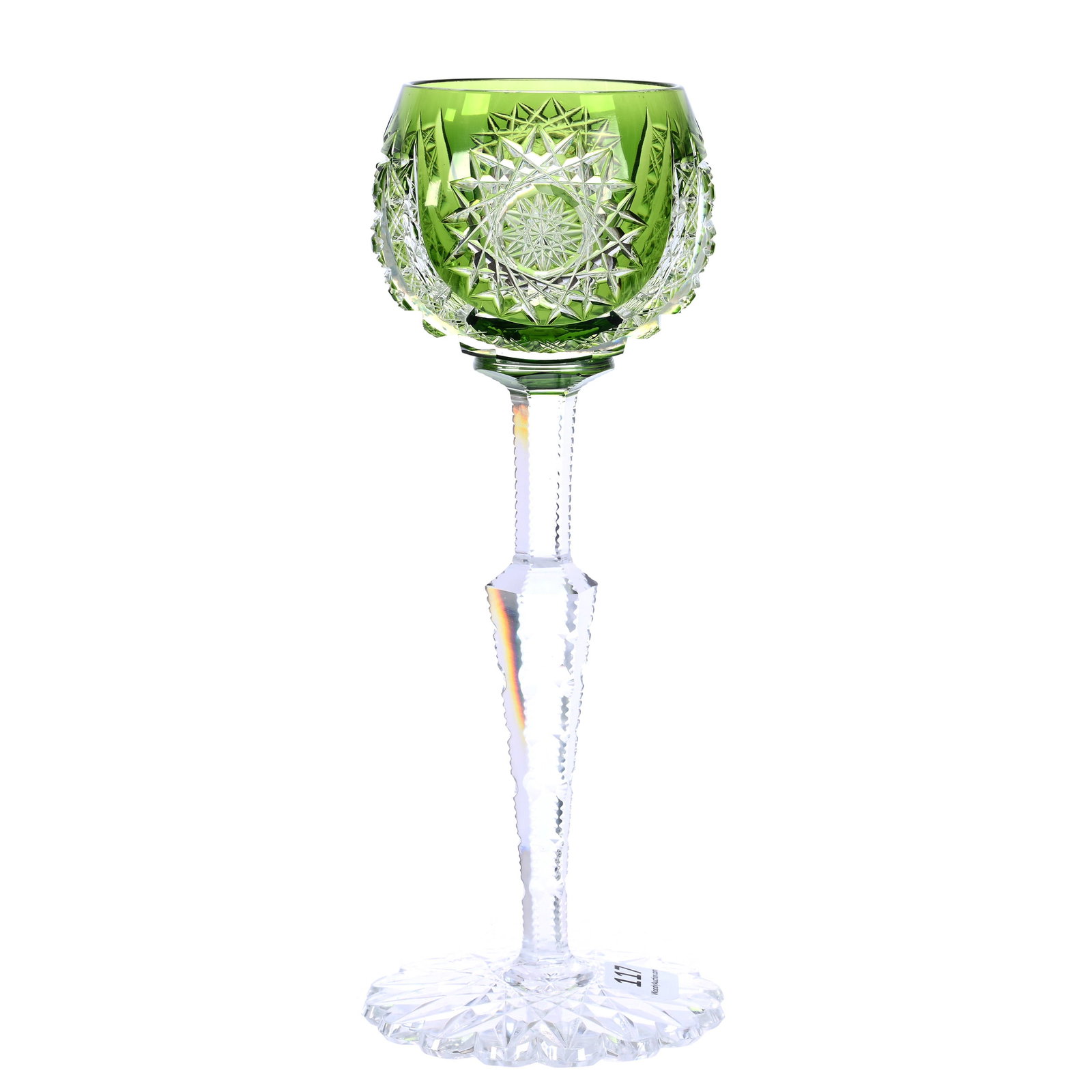 Wine Stem, BPCG, Green Cut To Clear, Metz Pattern By Val St. Lambert: Wine Stem, Brilliant Period Cut Glass, Green Cut To Clear, Metz Pattern By Val St. Lambert, 8.5" x 3.25", Circa 1906, Hobstar And Russian Motif, Scalloped Hobstar Foot, American Cut Glass Association 