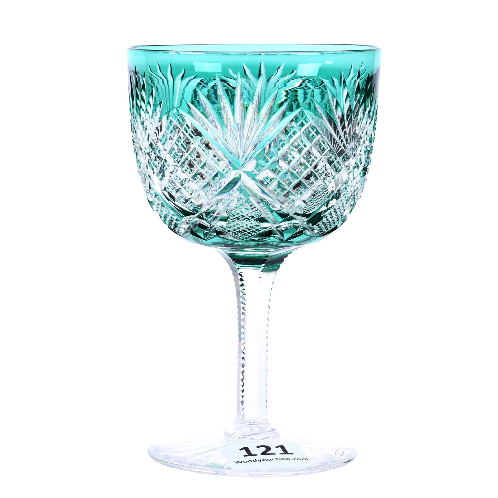 Wine Stem, American Brilliant Cut Glass, Turquoise Cut To Clear, Devonshire Pattern By Hawkes: Wine Stem, American Brilliant Cut Glass, Turquoise Cut To Clear, Devonshire Pattern By Hawkes, 4.5" x 2.75", Ray Cut Foot, Dr. Dallas & The Late Evelyn Nelson, KS.