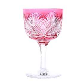 Wine Stem, American Brilliant Cut Glass, Cranberry Cut To Clear, Devonshire Pattern By Hawkes