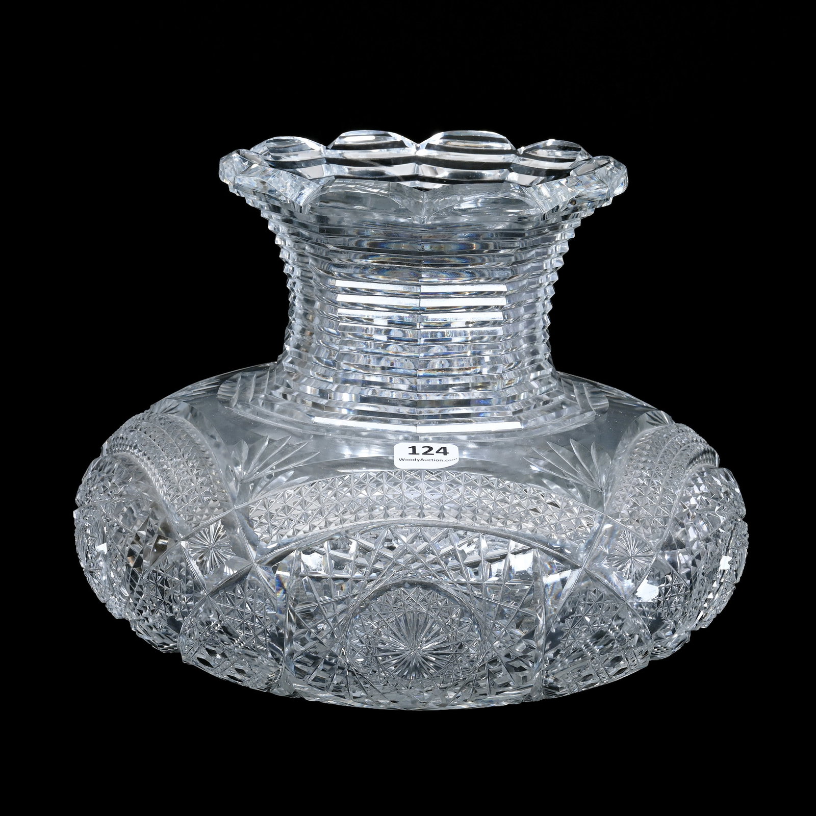 Flower Center, American Brilliant Cut Glass: Flower Center, American Brilliant Cut Glass, 7.25" x 10", Hobstar, Vesica, Cane, Star, Diamond And Fan Motif, Step Cut Neck, Ray Cut Base, Total Weight Of Eight Pounds, Pullen Collection, Indiana.