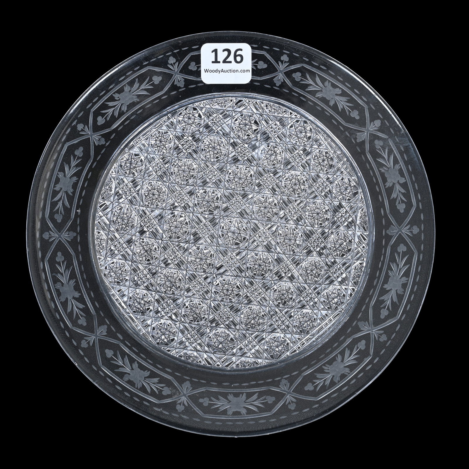 Plate, American Brilliant Cut Glass, Signed Sinclaire: Plate, American Brilliant Cut Glass, Signed Sinclaire, 6.75", Triple Miter Center With Engraved Floral Border, The Late Linda Guyer Collection.