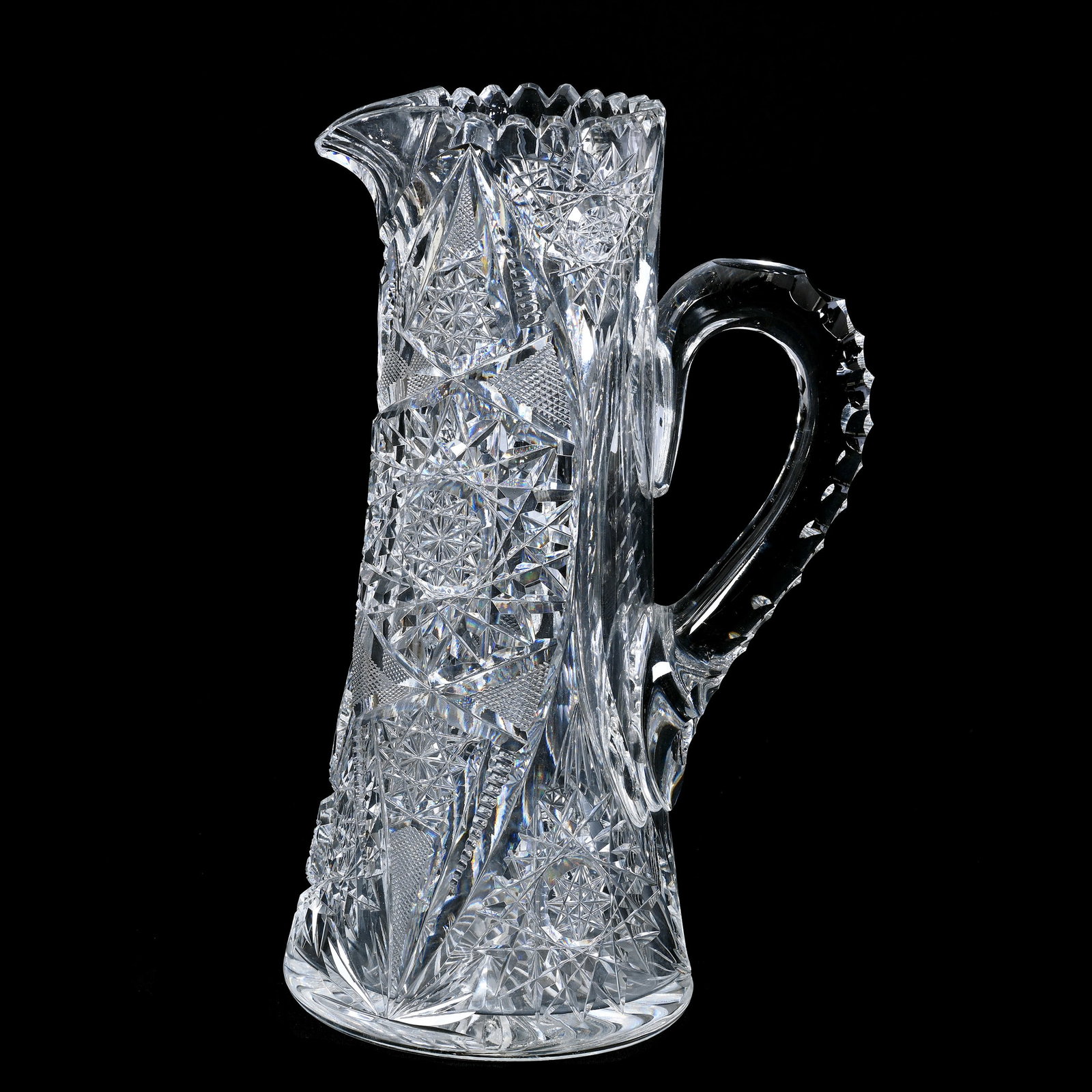 Tankard, American Brilliant Cut Glass: Tankard, American Brilliant Cut Glass, 11" x 6.5", Hobstar, Vesica, Strawberry Diamond And Fan Motif, Triple Notched Handle, Ray Cut Base, Kansas Private Collection.
