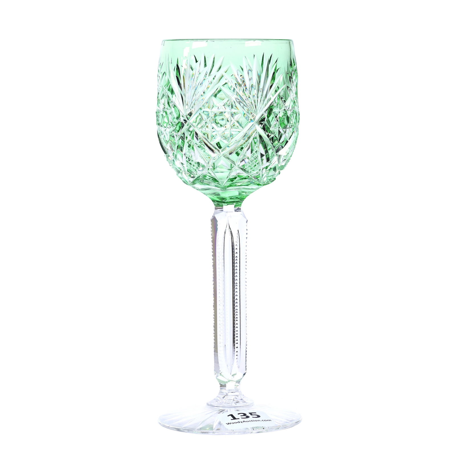 Wine Stem, American Brilliant Cut Glass, Green Cut To Clear: Wine Stem, American Brilliant Cut Glass, Green Cut To Clear, 6.5" x 2.5", Marlboro Pattern By Dorflinger, Ray Cut Foot, American Cut Glass Association Collection.