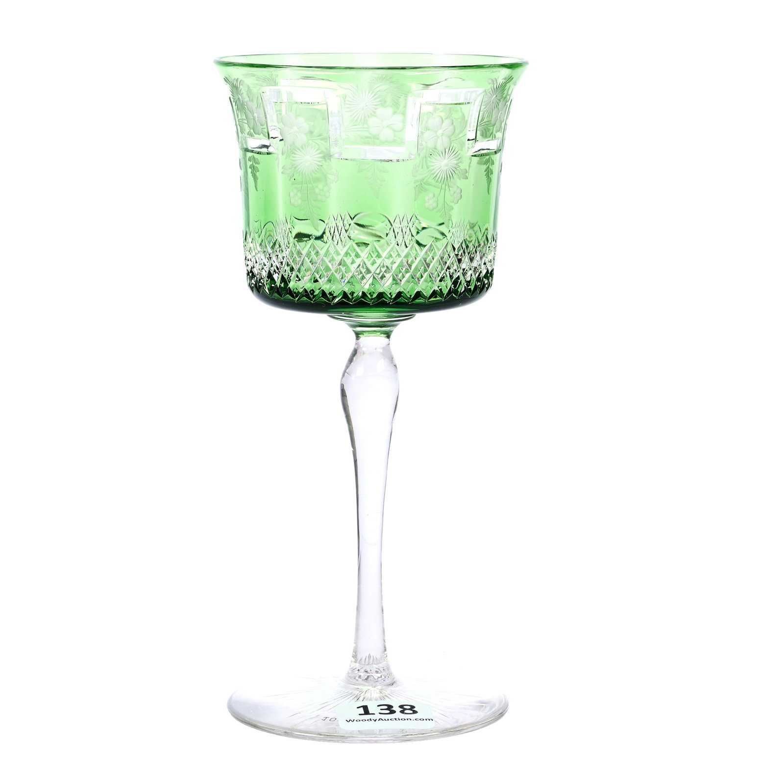 Wine Stem, American Brilliant Cut Glass, Signed Hawkes, Green Cut To Clear: Wine Stem, American Brilliant Cut Glass, Signed Hawkes, Green Cut To Clear, 6" x 2.75", Greek Key And Engraved Floral With Crosscut Diamond Band, Ray Cut Foot, American Cut Glass Association Collectio