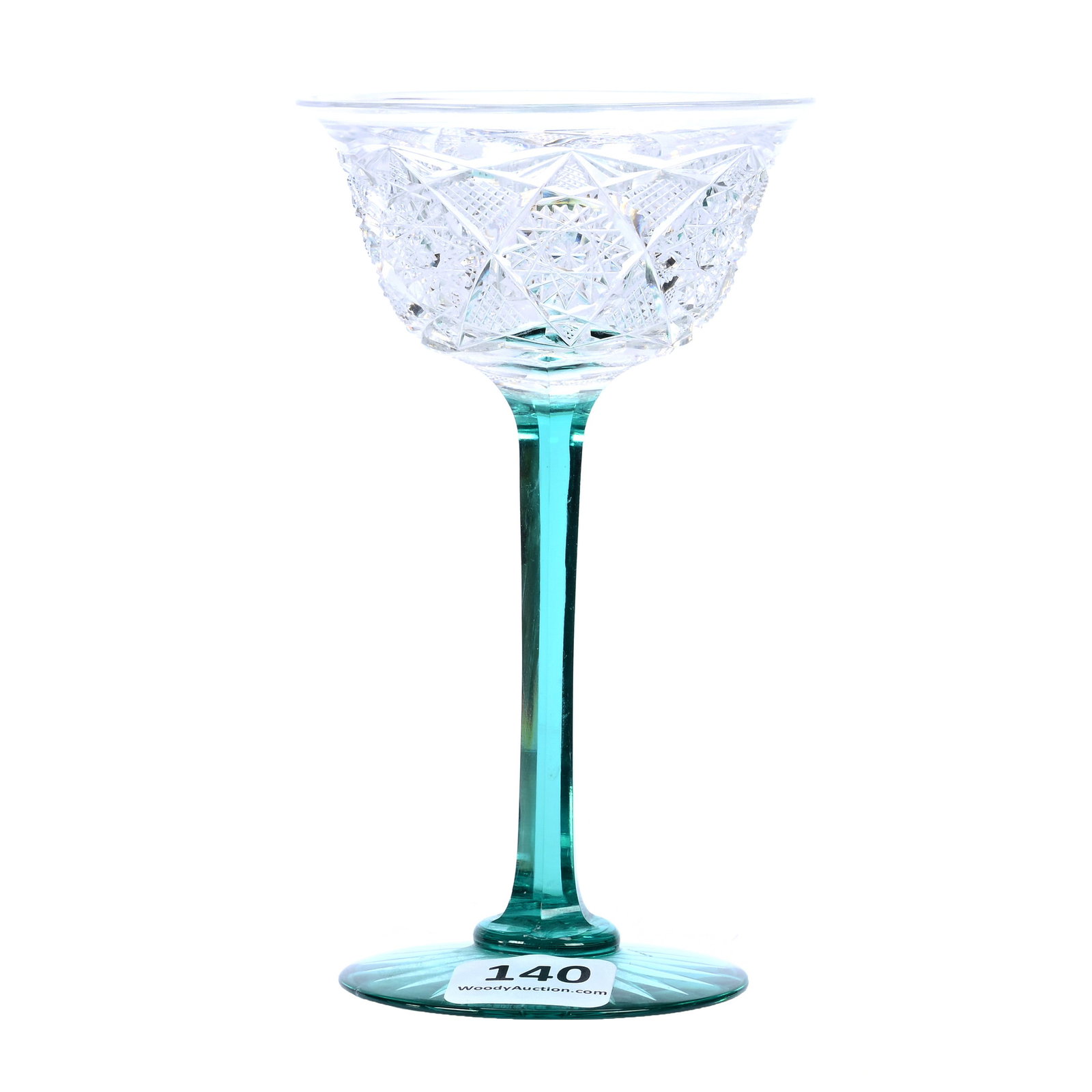 Wine Stem, American Brilliant Cut Glass, Turquoise: Wine Stem, American Brilliant Cut Glass, Turquoise, 4.75" x 2.75", Clear Bowl With Hobstar And Strawberry Diamond Motif, Rare Solid Turquoise Stem And Ray Cut Foot, The Late Linda Guyer Collection.