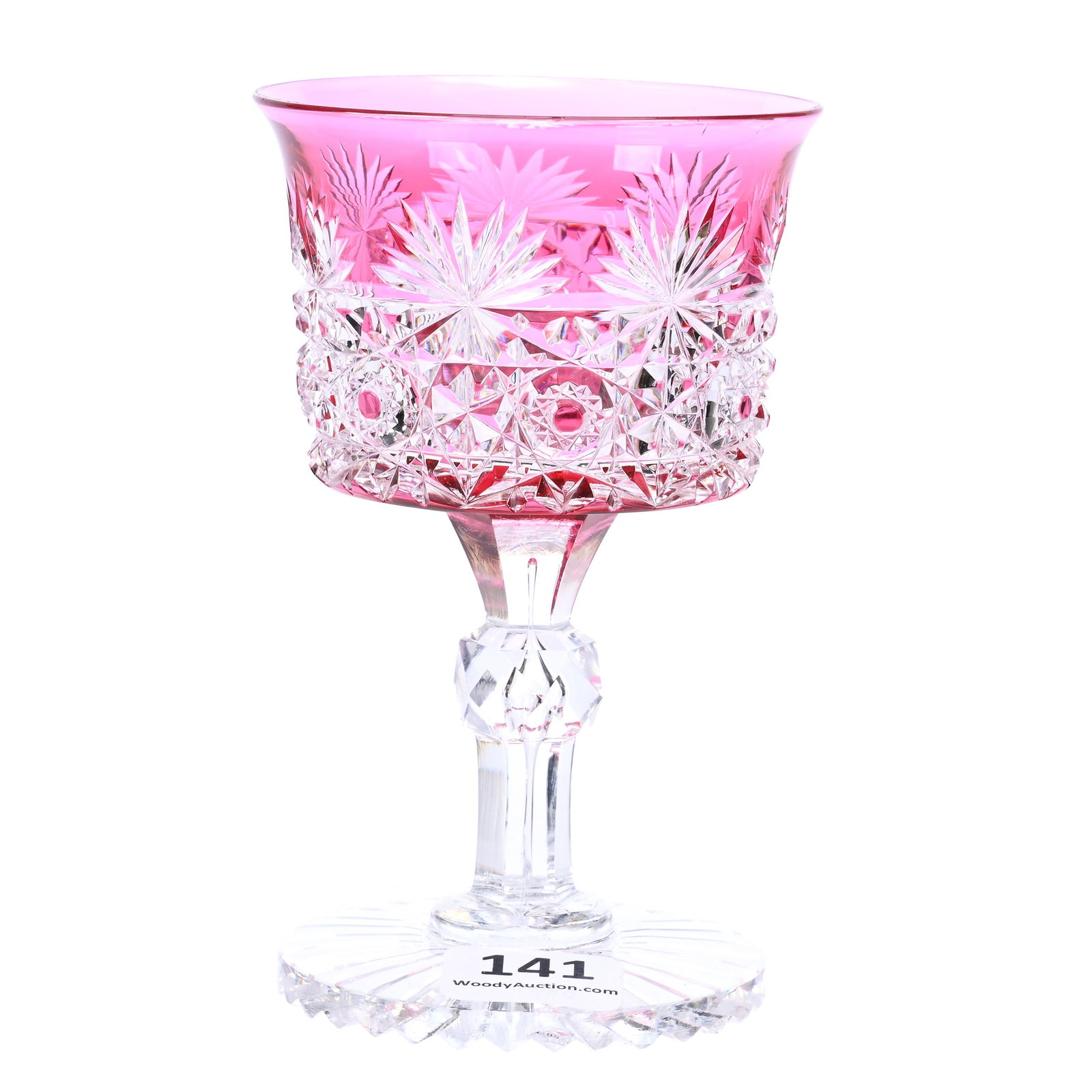 Wine Stem, American Brilliant Cut Glass, Cranberry Cut To Clear: Wine Stem, American Brilliant Cut Glass, Cranberry Cut To Clear, 4.5" x 2.75", Persian Pattern Attributed To J. Hoare, Ray Cut Foot, Factory Cut Flaw On Outside Rim Edge, Base Chips, American Cut Glas