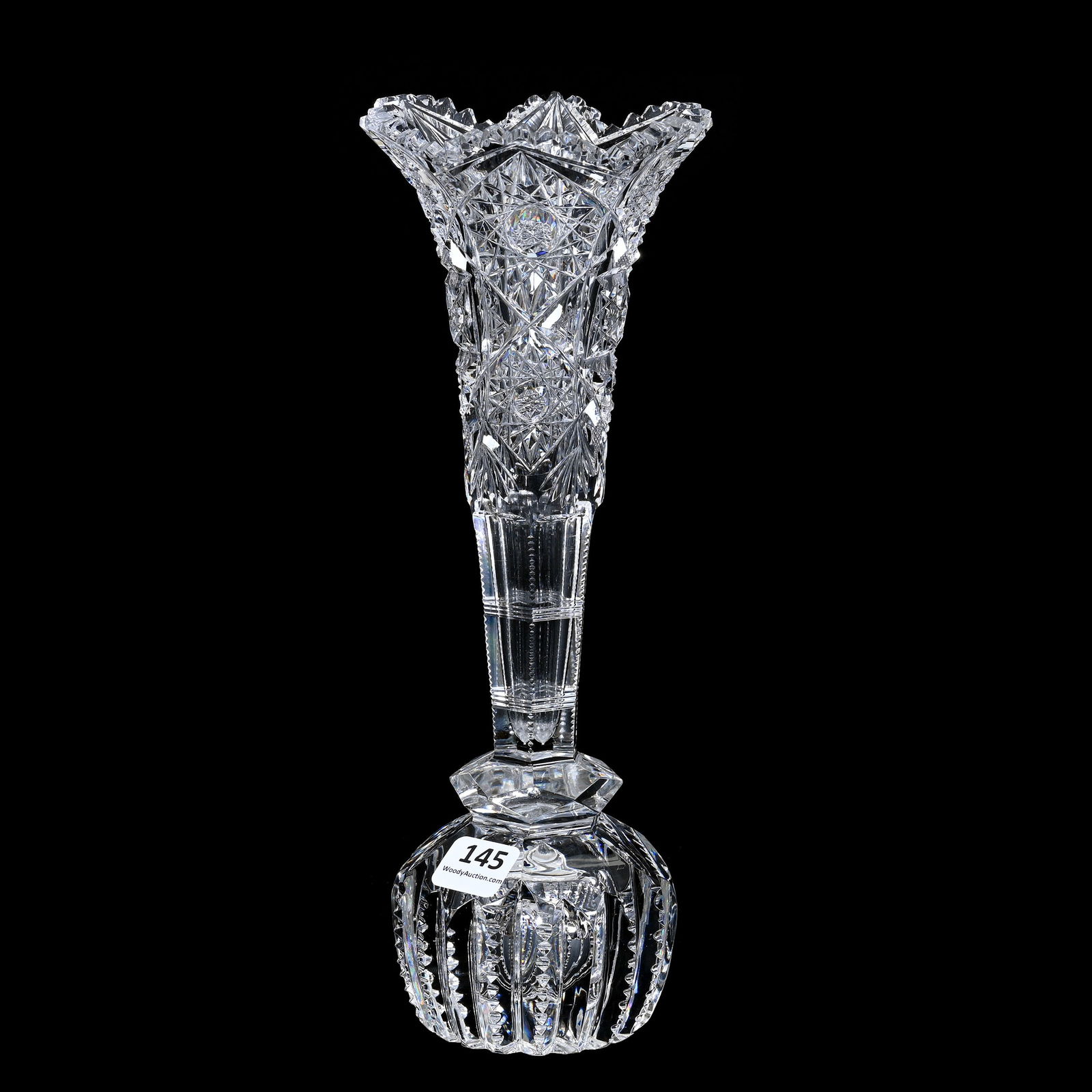 Trumpet Vase With Paperweight Base, American Brilliant Cut Glass: Trumpet Vase With Paperweight Base, American Brilliant Cut Glass, 10" x 4", Hobstar, Vesica, Strawberry Diamond And Fan Motif, Prism Cut Base, The Late Linda Guyer Collection.
