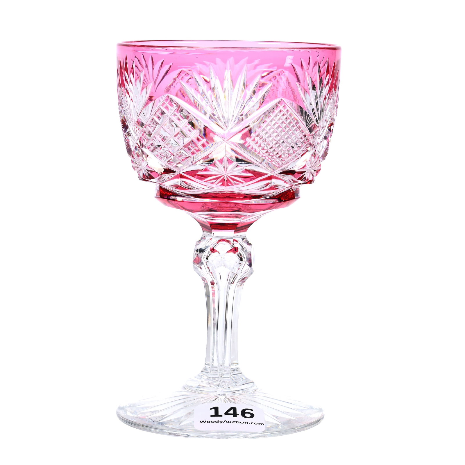 Wine Stem, American Brilliant Cut Glass, Cranberry Cut To Clear, Harvard Pattern By Libbey: Wine Stem, American Brilliant Cut Glass, Cranberry Cut To Clear, Harvard Pattern By Libbey, 4.75" x 2.75", Ray Cut Foot, Nice Example, American Cut Glass Association Collection.