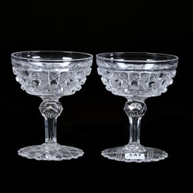 Pair Champagne Stems, American Brilliant Cut Glass, Triple Miter Pattern