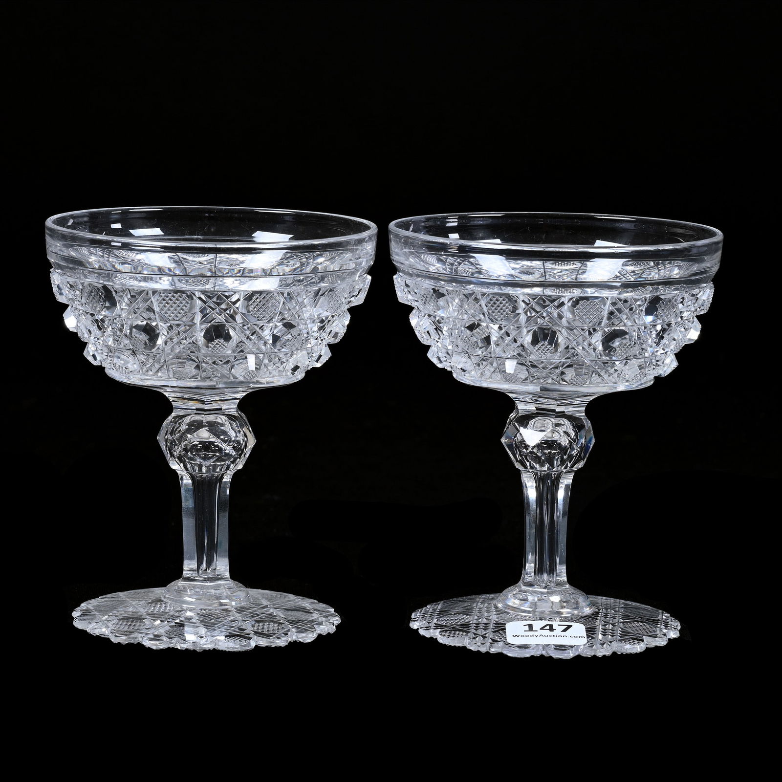 Pair Champagne Stems, American Brilliant Cut Glass, Triple Miter Pattern (1 of 3)
