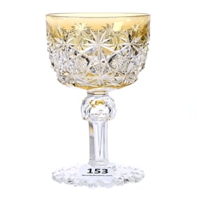 Wine Stem, American Brilliant Cut Glass, Gold/Yellow Cut To Clear, Russian Pattern, Star Cut Buttons