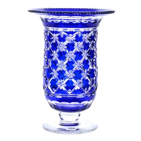 Pedestal Vase, Brilliant Period Cut Glass, Blue Cut To Clear, By Val St. Lambert