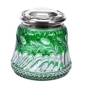 Biscuit Jar, BPCG, Green Cut To Clear, Attributed To Stevens & Williams, Gorham Sterling Lid