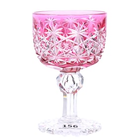 Wine Stem, American Brilliant Cut Glass, Cranberry Cut To Clear, Russian Pattern, Star Cut Buttons