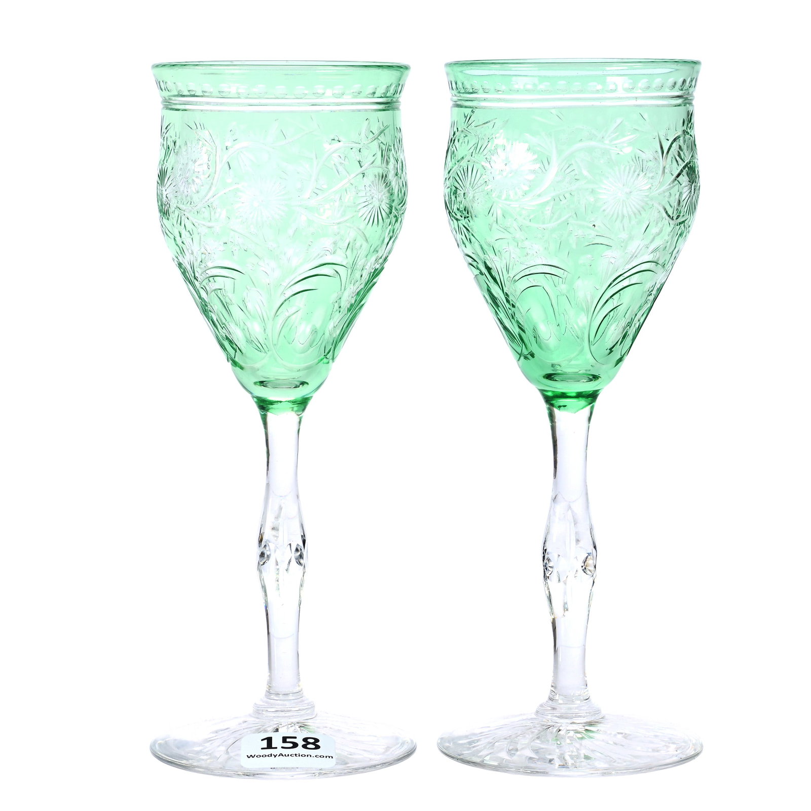 Pair Wine Stems, Brilliant Period Cut Glass, Green Cut To Clear: Pair Wine Stems, Brilliant Period Cut Glass, Green Cut To Clear, 6.5" x 2.5", Engraved Floral And Branch Decor, Pattern Engraved Foot, Nice Pair, Dr. Dallas & The Late Evelyn Nelson, KS.