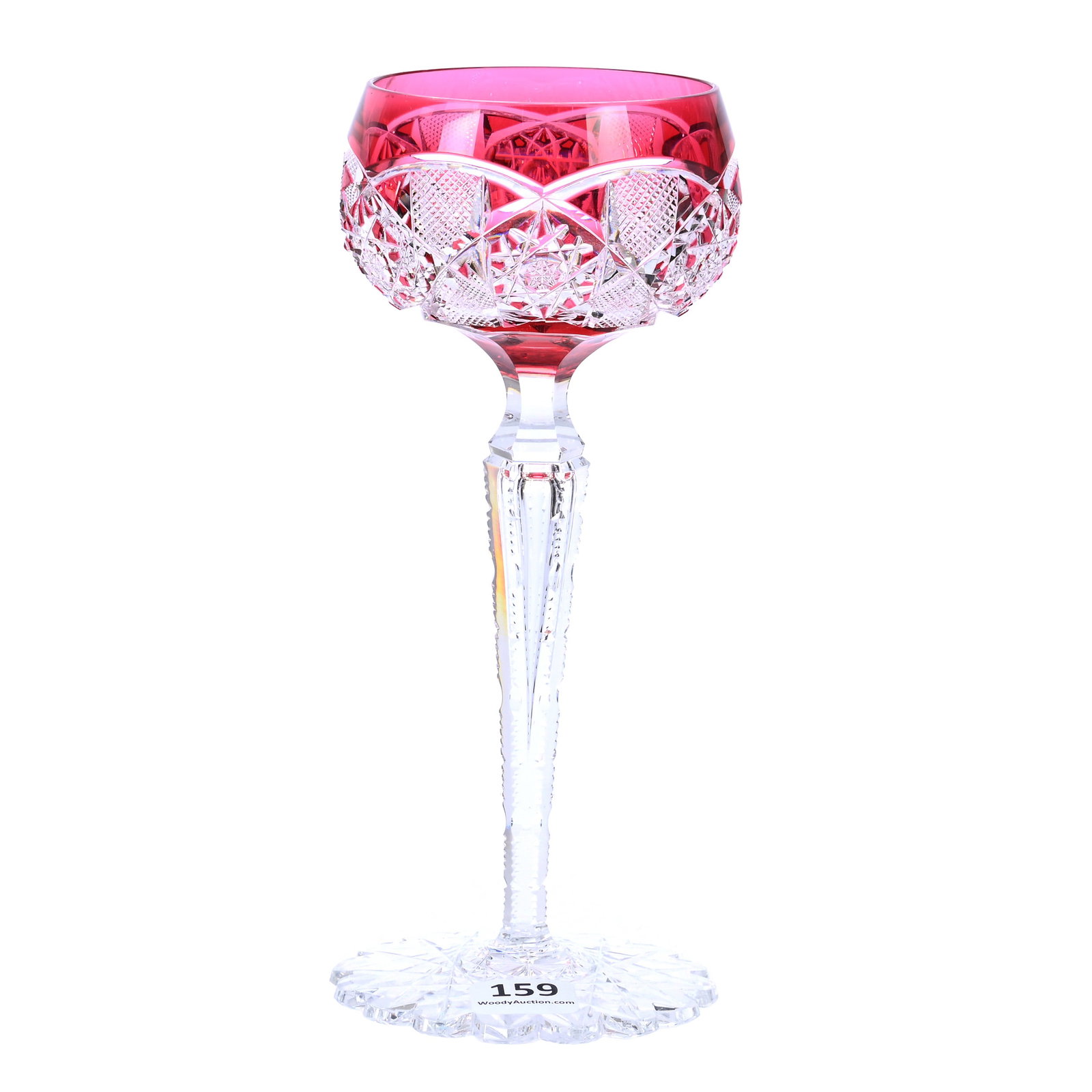 Wine Stem, BPCG, Red Cut To Clear, Saarbrucken Pattern By Val St. Lambert: Wine Stem, Brilliant Period Cut Glass, Red Cut To Clear, Saarbrucken Pattern By Val St. Lambert, 7.75" x 3.5", Hobstar Foot, American Cut Glass Association Collection.